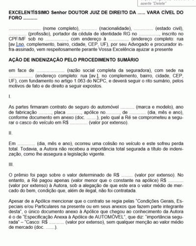 Modelo de Termo de Petição Ação de Indenização pelo Procedimento Sumário