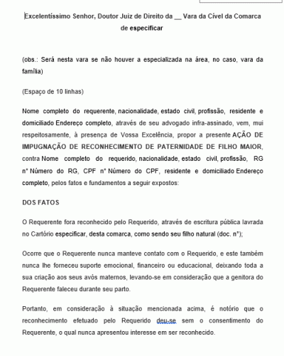 Modelo de Petição Impugnação Reconhecimento Paternidade I - Filho maior impugna Reconhecimento após maioridade