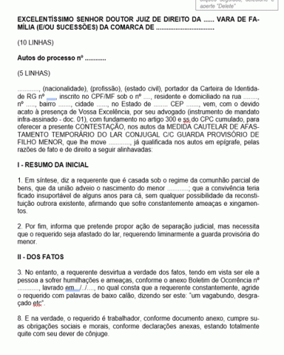 Modelo de Termo de Petição Afastamento do Lar Conjugal Contestação