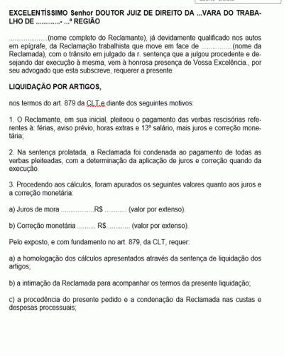 Modelo de Termo de Petição Trabalho Liquidação de Sentença por Artigos