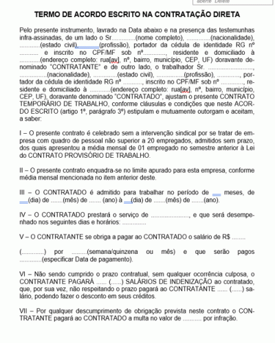 Modelo de Termo de Acordo Escrito na Contratação Direta