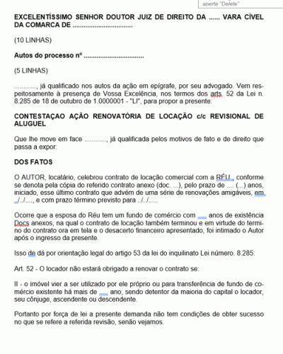 Modelo de Termo de Petição Renovatória de Locação Comercial Contestação