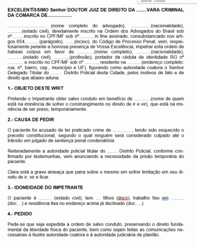 Modelo de Termo de Petição Penal Salvo Conduto Evitar Prisão