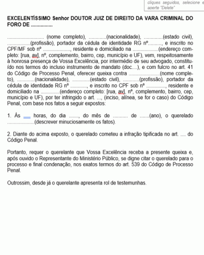 Modelo de Termo de Petição Penal Queixa-Crime