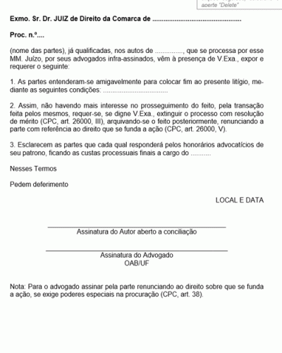 Modelo de Termo de Petição Pedido de Extinção do Processo por Transação com Pedido de Renúncia do Direito sobre o qual se Funda a Ação