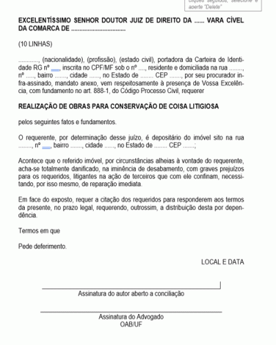 Modelo de Termo de Petição Obras de Conservação de Coisa Litigiosa