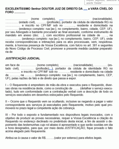 Modelo de Termo de Petição Medida Cautelar de Justificação Judicial