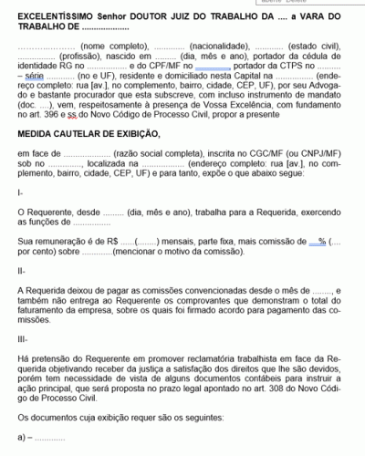 Modelo de Termo de Petição Medida Cautelar de Exibição