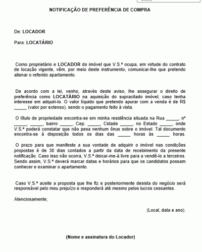 Modelo de Notificação - Locatário Preferência para Compra do Imóvel em 30 Dias