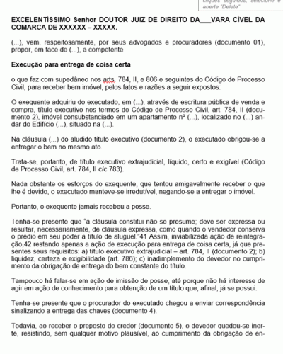 Modelo de Termo de Petição Execução para Entrega de Coisa Certa