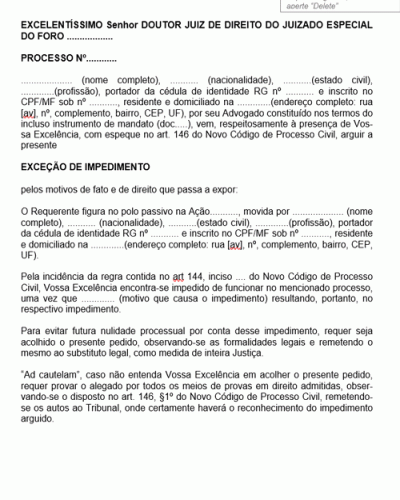 Modelo de Termo de Petição Exceção de Impedimento do Juiz