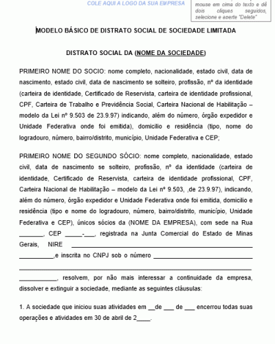 Modelo Básico de Distrato de Sociedade Limitada - Código Civil 2002