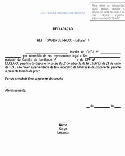 Modelo de Declaração de Fato impeditivo para Licitação