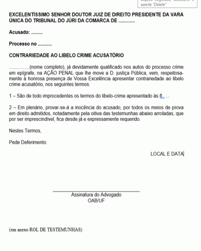 Modelo de Termo de Petição Contrariedade ao Libelo Crime Acusatório