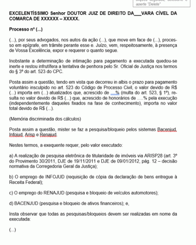 Modelo de Termo de Petição Constrição de Bens