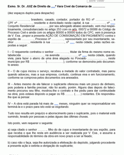 Modelo de Termo de Petição Consignação em Pagamento Distribuição por Dependência