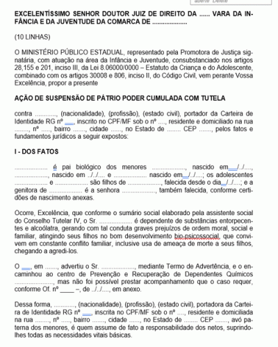 Modelo de Termo de Petição Suspensão do Poder Familiar Inicial