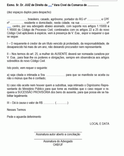 Modelo de Termo de Petição Bens de Ausente a Nomeação de Curador e Arrolamento de Bens Pedida por Credor