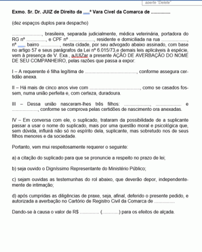 Modelo de Termo de Petição Averbação do Nome do Companheiro