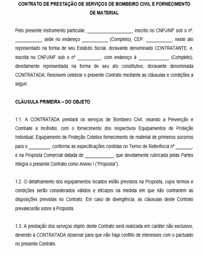 Modelo de Contrato de Prestação de Serviço de Bombeiro Civil e Fornecimento de Material