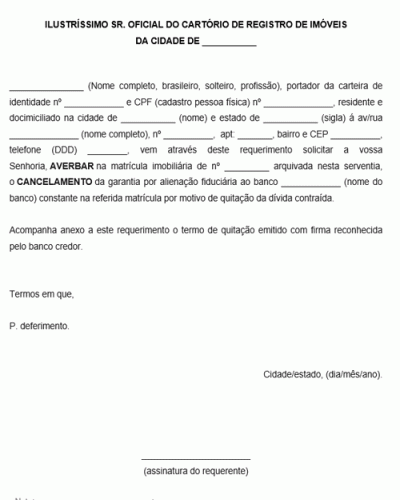 Modelo de Requerimento para Cancelamento de Alienação Fiduciária