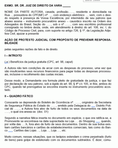 Termo de Ação de Protesto Judicial com Propósito de Prevenir Responsabilidade