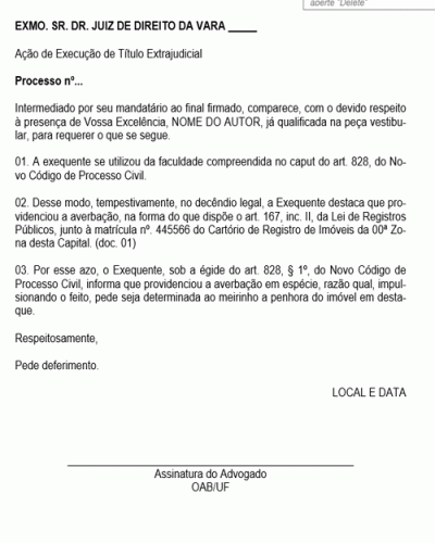 Termo de Petição Comunicação de Averbação de Penhora NCPC 828