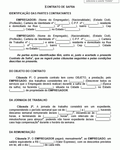 Modelo de Contrato de Safra Completo - Serviços Agrícola na Fazenda pelo Empregado