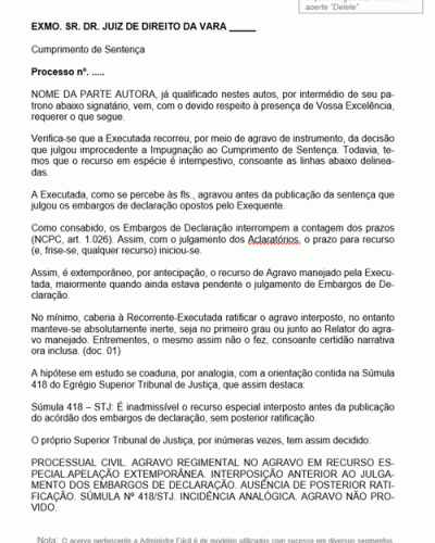 Modelo de Termo de Petição Intempestividade de Recurso de Agravo de Instrumento