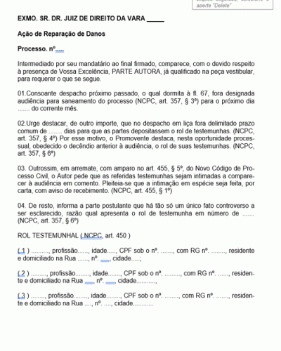 Termo de Petição Pedido de Juntada de Rol de Testemunhas