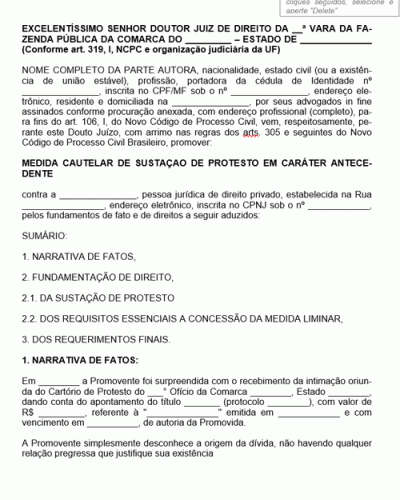 Termo de Petição Inicial Cautelar Sustação de Protesto