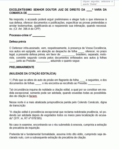  Termo de Petição Resposta a Acusação Citação Editalícia Nulidade