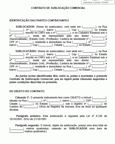 Modelo de Contrato de Sublocação de Imóvel Comercial - Sala Loja Galpão