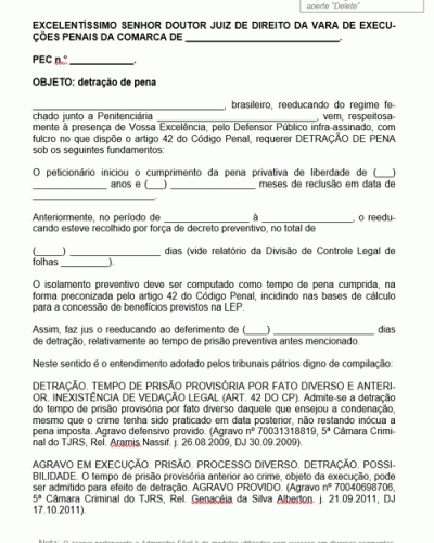 Termo de Petição Detratação da Pena Prisão Provisória Fato Diverso e Anterior a Condenação