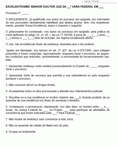 Modelo de Petição Pedido para Estrangeiro Apelar em Liberdade