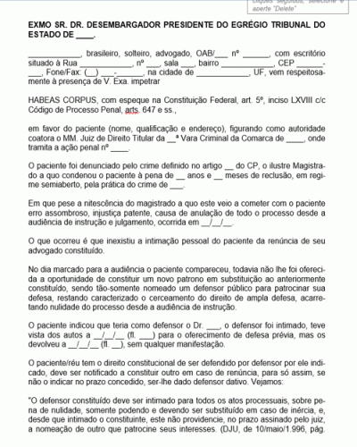 Modelo de Petição Habeas Corpus Anulação de Processo por Vício