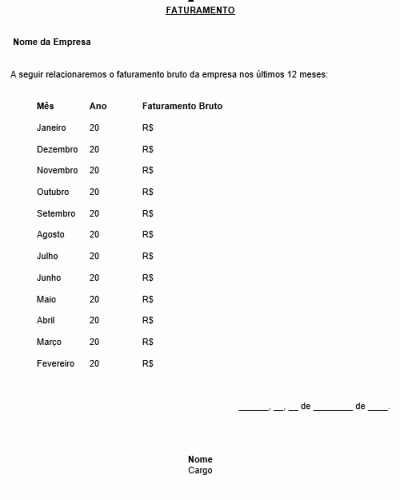 Modelo de Declaração de Faturamento - Últimos 12 meses