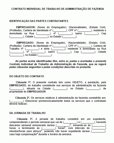 Modelo de Contrato Individual de Trabalho para Administração de Fazenda Chácara Sítio