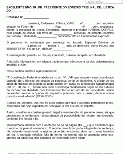 Modelo de Petição Habeas Corpus Pedido de Liminar