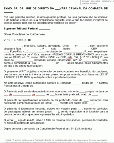 Modelo de Petição Habeas Corpus Salvo Conduto Prisão Iminente