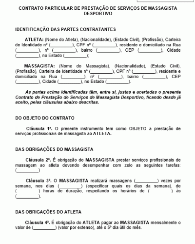 Modelo de Contrato Particular de Massagista - Prestação de Serviços de Massagista Desportivo