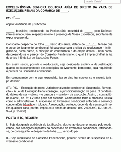 Modelo de Petição Livramento Condicional Audiência de Justificação Descumprimento das Condições