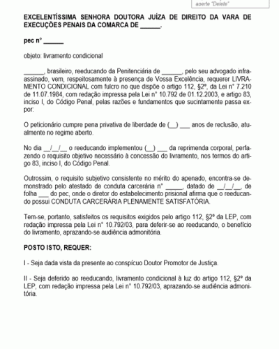 Modelo de Petição Livramento Condicional Conduta Carcerária Satisfatória