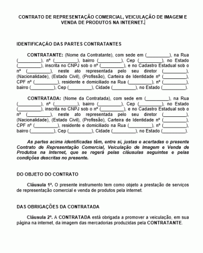 Modelo de Contrato Representação Comercial - Venda de Produtos Serviços Internet Web e Veiculação de Imagem