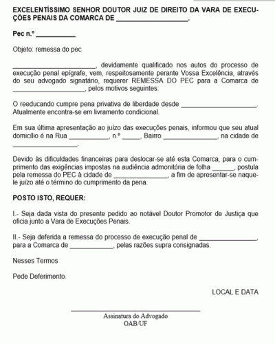 Modelo de Petição Pedido de Remessa de Processo de Execução Criminal