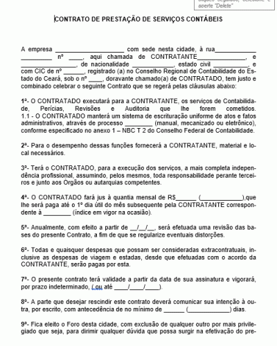 Modelo de Contrato Resumido Prestação de Serviços Contábeis - Contabilidade - com Resolução CFC 563