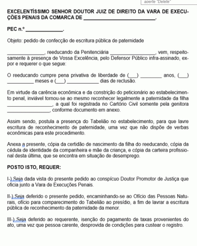 Modelo de Petição Pedido Comparecimento de Tabelião ao Presídio Reconhecimento de Filho por Apenado