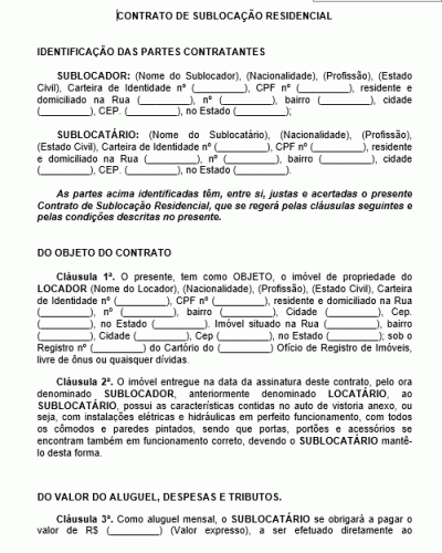 Modelo de Contrato Sublocação Imóvel Residencial - Casa Apartamento Residência Garagem