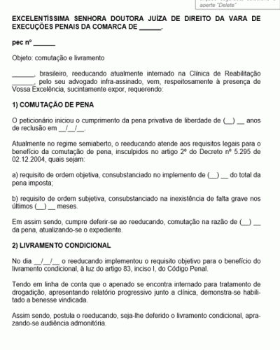 Modelo de Petição Pedido Comutação da Pena e Livramento Condicional