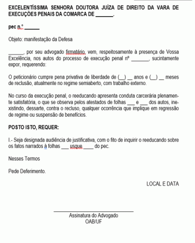 Modelo de Petição Pedido Conduta Carcerária Satisfatória Regressão de Regime Audiência de Justificativa